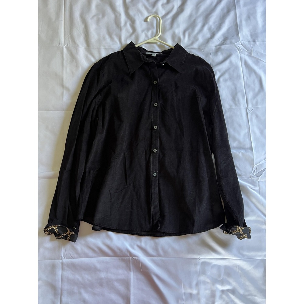 Foxcroft Shirt Womens 16 Black Fitted Corduroy Button Front Contrast Cuff Blouse - Picture 4 of 14